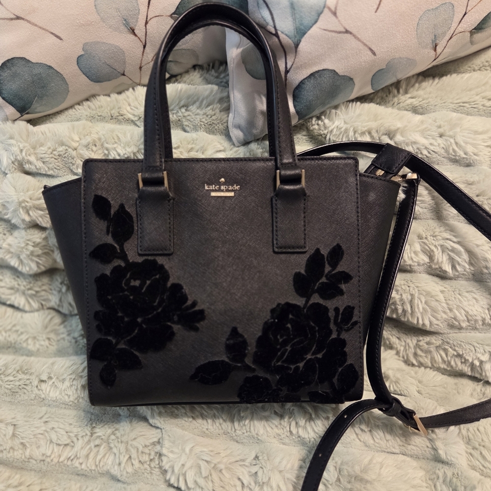 Kate Spade Black Satchel with Floral Velvet Accents